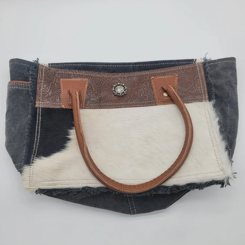 Myra Bag Cowhide Tote Purse Black Canvas Leather Western Boho Cowgirl Concho